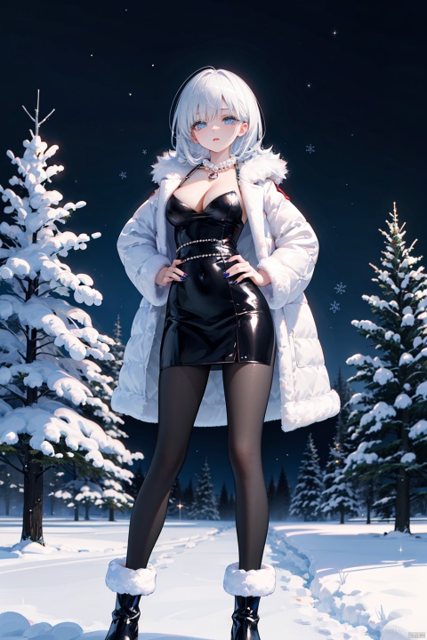 Snowy, 1girl, sexy winter clothes, pure black underwear, white fur coat, ultra-short hip skirt, long boots, red lips, (black pantyhose), messy snowflake hair, seductive eyes, long eyelashes, standing, panoramic.Pearls around the neck, icy blue eyes, fur shawl, shiny nails, snowy pine trees, moonlit night, hint of cleavage, icy breath, glittering sequins, provocative gestures, dramatic lights, forest, cold The contrast between cold air and warm and cold elements,,,,,