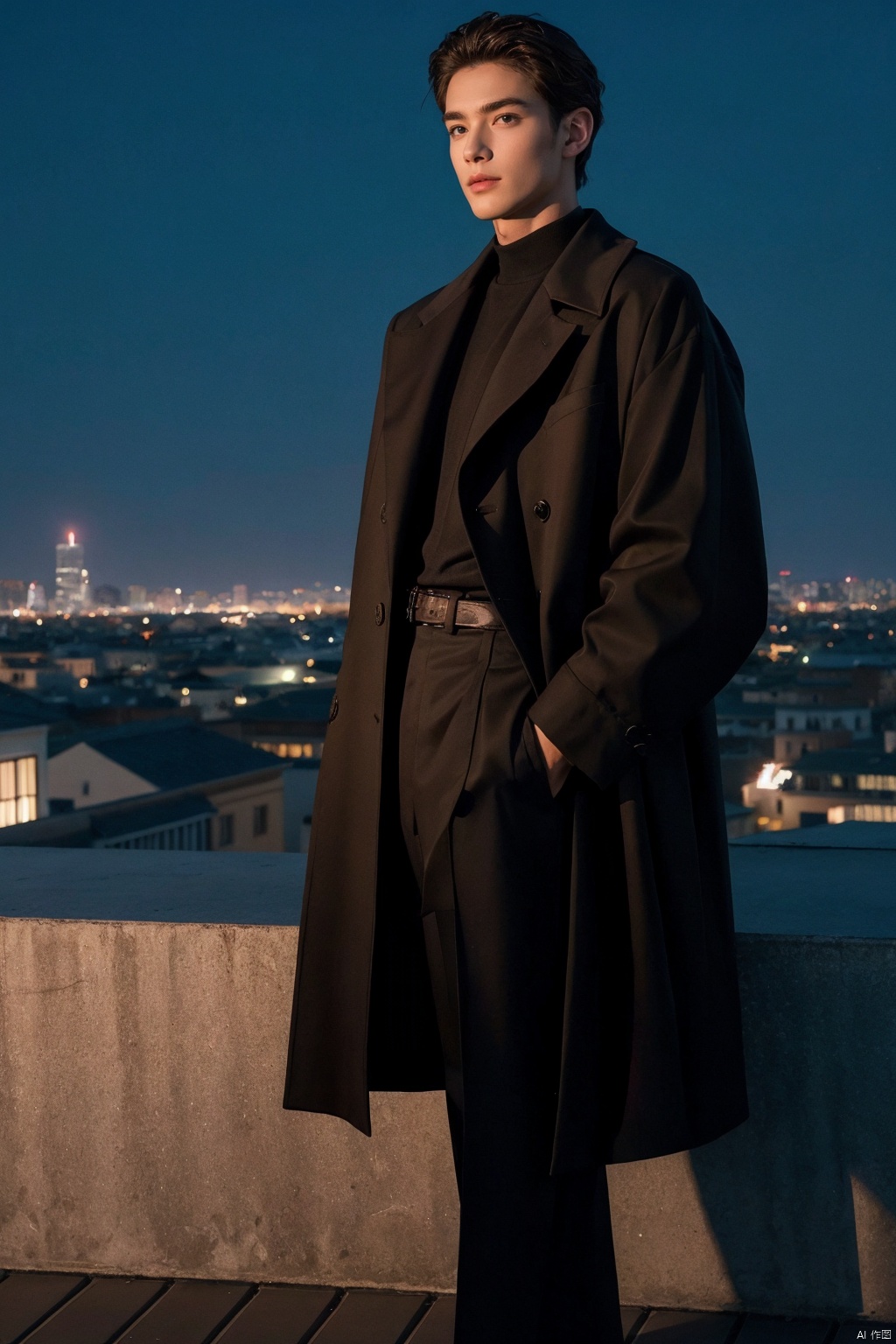 nighttime rooftop couture, 35mm panoramic snapshot, fashion-forward male model standing tall on a dimly lit rooftop under the starry night sky, full-length composition exuding urban sophistication, dressed in a statement ensemble from the latest menswear collections, posing confidently against the glittering skyline backdrop, leveraging the ambient city glow and moonlight to enhance the visual impact of the outfit, ACDEFZ_rooftop_elegance, high-resolution imagery, adept use of long exposure to capture the vibrancy of the city below while retaining crisp focus on the subject, creating a captivating narrative that merges the nocturnal allure of the urban landscape with the cutting-edge style of a modern man,((poakl)), monkren