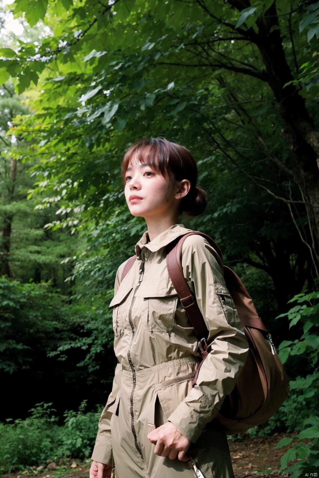 A striking young woman stands amidst a verdant forest clearing, bathed in the soft glow of dappled sunlight filtering through the dense canopy. She wears an earthy-toned utility jacket and fitted cargo pants, hinting at her readiness for adventure. Her hair is tied back in a practical bun, showing off her strong jawline and determined eyes that scan the wilderness with quiet confidence.

She clutches a rugged backpack slung over one shoulder, suggesting she's well-prepared for the trails ahead. The forest backdrop serves as a metaphorical mirror to her resilient spirit, its towering trees standing tall like silent sentinels around her. The scene echoes the empowering solitude found in the natural world, akin to the work of landscape photographers who capture human interaction with nature.

Render this image in high-resolution with crisp details, emphasizing the interplay between light and shadow to highlight her form against the lush foliage. This portrait encapsulates the essence of a modern-day explorer, blending seamlessly into the raw beauty of the forest while radiating an unyielding sense of self-reliance and inner strength.