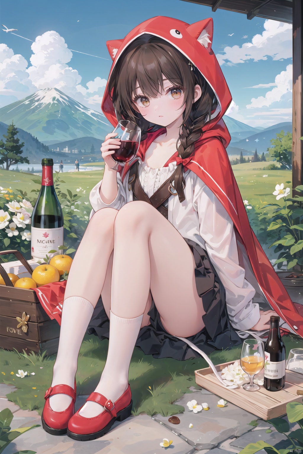  1girl, bottle, solo, skirt, sitting, braid, outdoors, hood, shirt, socks, white socks, white shirt, red skirt, twin braids, shoes, bandaid, red footwear, wine bottle, looking at viewer, tree, brown hair, day, long hair, holding, frills, little red riding hood (grimm), frilled skirt, food, bandaid on leg, mary janes, closed mouth, yellow eyes, hood up, bow, basket, kneehighs, fruit, sky, cloak, hooded cloak, grass, bangs, hooded cape, hooded capelet, alcohol, animal hood, full body, picnic basket, cup, cloud, bandaid on knee, pleated skirt, mountain, cape, brown eyes, collarbone, backlight