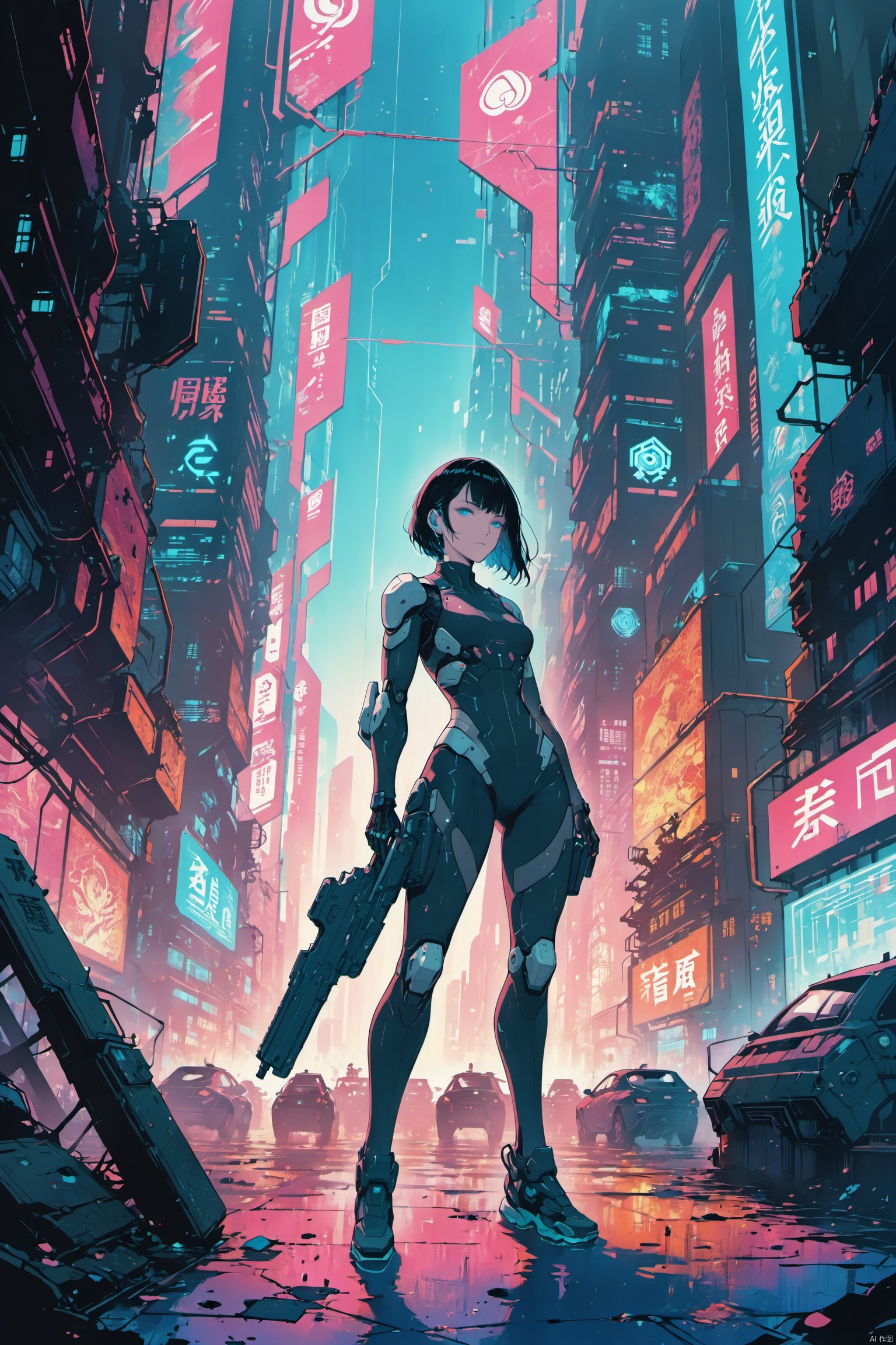 1character inspired by Ghost in the Shell, full-body illustration, female cyborg protagonist with a slender yet athletic build, wearing a form-fitting tactical jumpsuit that blends seamlessly with her synthetic body parts, visually striking prosthetic limbs featuring advanced articulation and built-in weaponry, partial see-through polymer skin revealing complex circuitry and subdermal implants, augmented reality display projected across her field of vision, stand-offish demeanor and piercing gaze, signature firearm holstered at her side, surrounded by the neon-drenched alleys of a sprawling cyberpunk metropolis, her existence questioning the boundaries of humanity in an era dominated by artificial intelligence and cybernetic enhancements.,((anime art style)), ((poakl)), eastern mythology