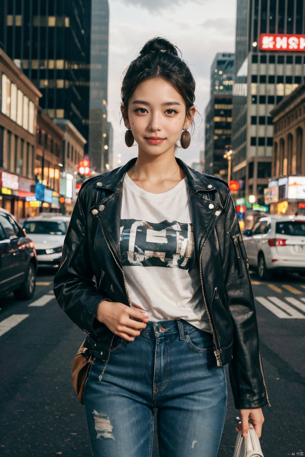 A stylish urbanite girl stands confidently at a bustling city intersection, amidst the neon glow of towering skyscrapers and the chaotic dance of traffic lights. She sports a sleek leather jacket over a graphic tee, paired with ripped jeans that hug her curves and high-top sneakers reflecting the city's vibrant hues. Her hair is tied up in a chic bun, revealing statement earrings that catch the glint of streetlights.

Her gaze is resolute and piercing, embodying an air of independence and strength as she surveys the metropolis around her. The image captures the essence of modern city life, where energy and ambition intertwine. This scene is reminiscent of the dynamic, cinematic portraits found in the work of contemporary photographers like Tyler Mitchell or Petra Collins.

Render this striking figure in 4K resolution, using bold, contrasting colors to accentuate the vibrancy of the cityscape and her commanding presence within it. The composition highlights her poise and determination, standing out from the blur of moving cars and busy pedestrians, symbolizing the spirit of the empowered woman navigating the urban jungle.