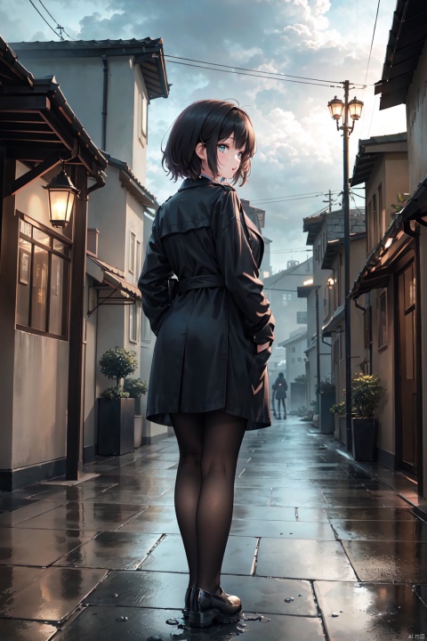 masterpiece,ultra high definition,detailed (global illumination, HDR lighting),exposure:soft,(rule of thirds, balanced perspective:0.7),(back turned, 180° view:1.4),sidelight,1 woman,((solo)),straight black hair,windswept hair,trench coat,opaque tights,stormy weather,Cumulus congestus clouds,(hands in pockets pose),(urban landscape, pouring rain, dramatic sky, empty alleyways, glistening wet pavement, street intersection with choice, cityscape),skyscrapers,gothic bell towers,modern glass architecture,reflections on wet surfaces,glowing street lamps,dusk,Tyndall scattering effect