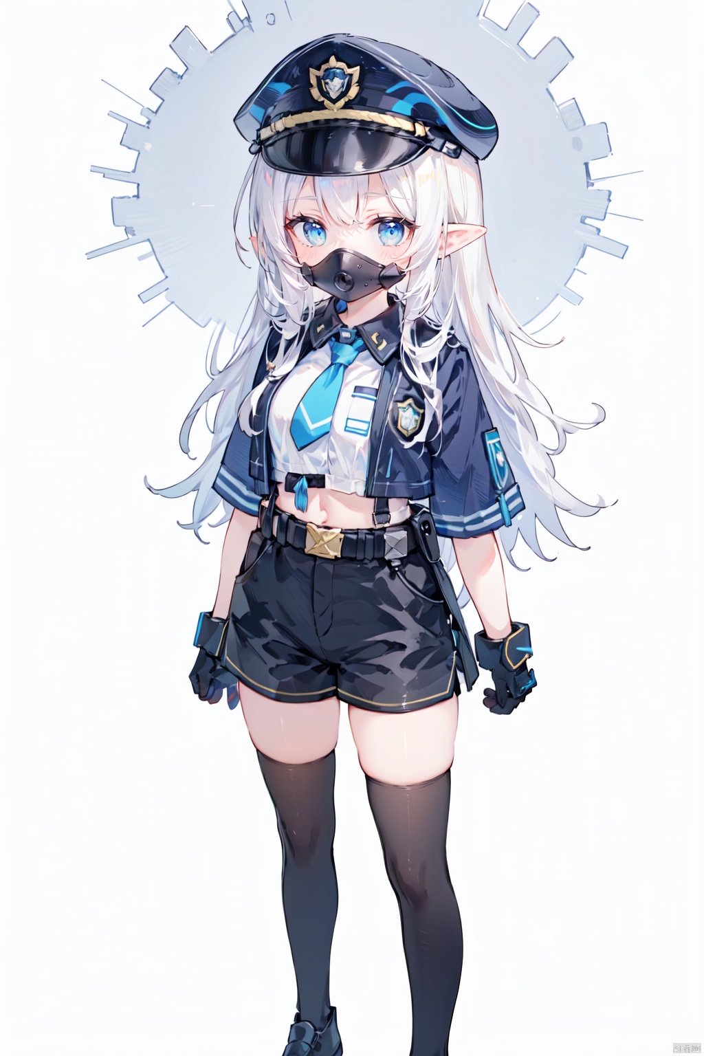 (((white background))),1girl, horns, solo, police, thighhighs, police uniform, navel, hat, mask, shorts, breasts, midriff, belt, pointy ears, long hair, uniform, blonde hair, weapon, police hat, black thighhighs, policewoman, crop top, short shorts, looking at viewer, gas mask, horns through headwear, shirt, front-tie top, cleavage, standing, tied shirt, arms at sides, peaked cap, mouth mask, short sleeves , holstered weapon, large breasts, sheath, sheathed, respirator, blue eyes, gun, black shorts,, ((poakl))