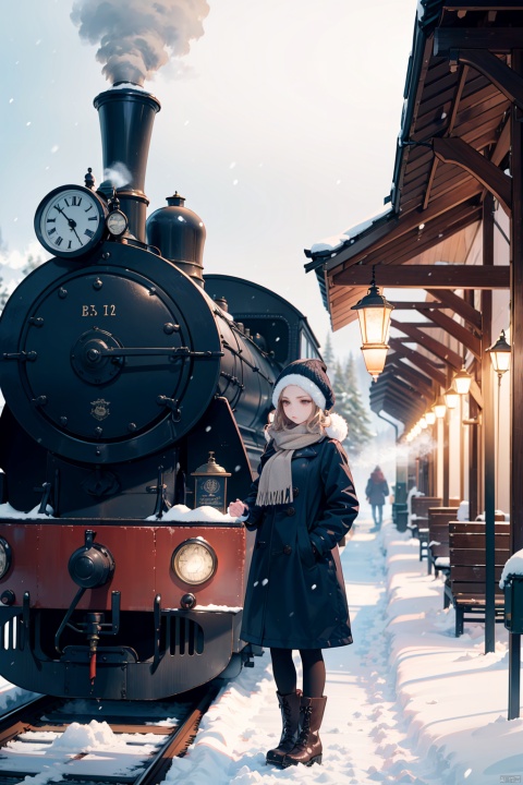 snowy railway station, 1girl, winter coat, fur collar, woolen hat with pom-pom, brown eyes, steam train in background, cold breath, snowflakes falling, black boots, standing on platform, gloves, earmuffs , scarf wrapped around neck, holding a vintage suitcase, snow-covered tracks, dimly lit lanterns, old-fashioned railway clock, brick station building, waiting for the train, melancholic expression, windblown hair, snow accumulation on ground, steam rising from locomotive , wintry silence, nostalgic atmosphere, blurred motion of train in distance