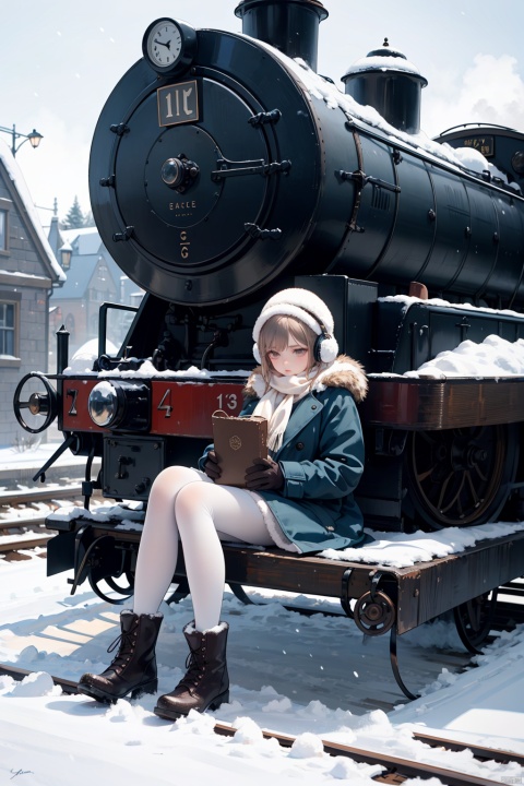 Snowy train station, 1girl, winter coat, fur collar, plush hat, brown eyes, steam train in the background, cold breath, falling snow, black boots, (white pantyhose), sitting on the platform Stool, gloves, earmuffs, scarf wrapped around neck, holding vintage suitcase, snowy railroad tracks, dim lantern, vintage railway clock, brick station building, waiting for train, melancholic expression, blown by the wind Messy hair, snow on the ground, steam rising from the locomotive, cold silence, nostalgic atmosphere, blurred motion of the train in the distance