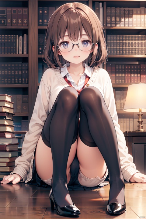Library, 1girl, sexy, academic environment, wearing glasses, librarian outfit, black stockings, short skirt under long cardigan, button-up shirt unbuttoned to reveal lace underwear, brown hair tied into a messy bun, red lipstick, sitting on edge of bookshelf, academic books in background, intelligent gaze, subtle giggle, dimly lit reading room, high heels tapping wooden floor, curled pages, thigh-high gap, quiet atmosphere, antique library Lamps, warm indoor lights, stacks of books, ((poakl))