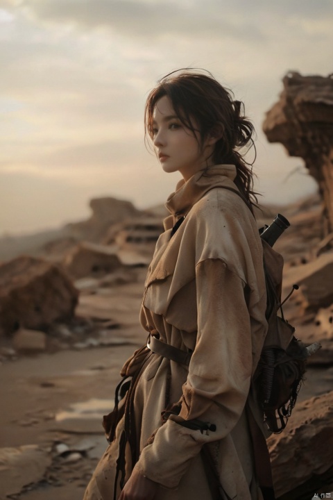  Full body, panoramic view, confident standing, dynamic poses,digital art, post-apocalyptic female survivor, ((Environmental_Pose)), ((Resolute_Gaze)), set against a wasteland backdrop of ruined cityscapes and overgrown debris, wearing makeshift clothing crafted from scavenged materials like tattered leather and military surplus gear, goggles for protection against dust storms, holding a customized rifle or crossbow with improvised attachments, windswept hair revealing dirt-streaked face and determined expression, sunset hues casting long shadows across the barren landscape, blending natural elements with industrial decay, subtle texture overlays for weathering effects, dramatic lighting to highlight the stark contrast between life and desolation, depth of field focusing on the subject while blurring the distant ruins, muted color palette with hints of rust and earth tones, 8K resolution, realistic grit and wear, evoking Mad Max: Fury Road aesthetics, resilient yet resourceful character.