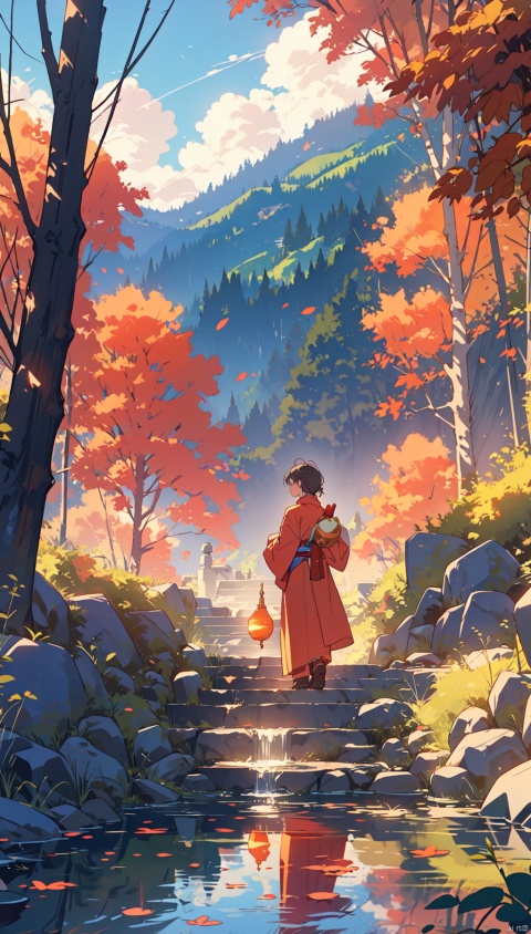 (Among the mountains, a winding stone path leads to an ancient temple in the clouds in the distance. The setting sun shines slantingly, and the golden-red afterglow fills the mountains, covering the peaks with a light golden gauze. A person The monk in blue robes walked slowly, holding a wooden fish in his hand. His figure was stretched long and reflected on the mottled ancient stone steps. The ancient branches beside him were lush, and occasionally a few red leaves fell in the wind. , echoing the steps of the monks, showing a deep sense of Zen. At the foot of the mountain, a gurgling stream flows, as if all the noise in the world has returned to tranquility at this moment, and only the transcendent artistic conception flows in this picture (Continuously.)