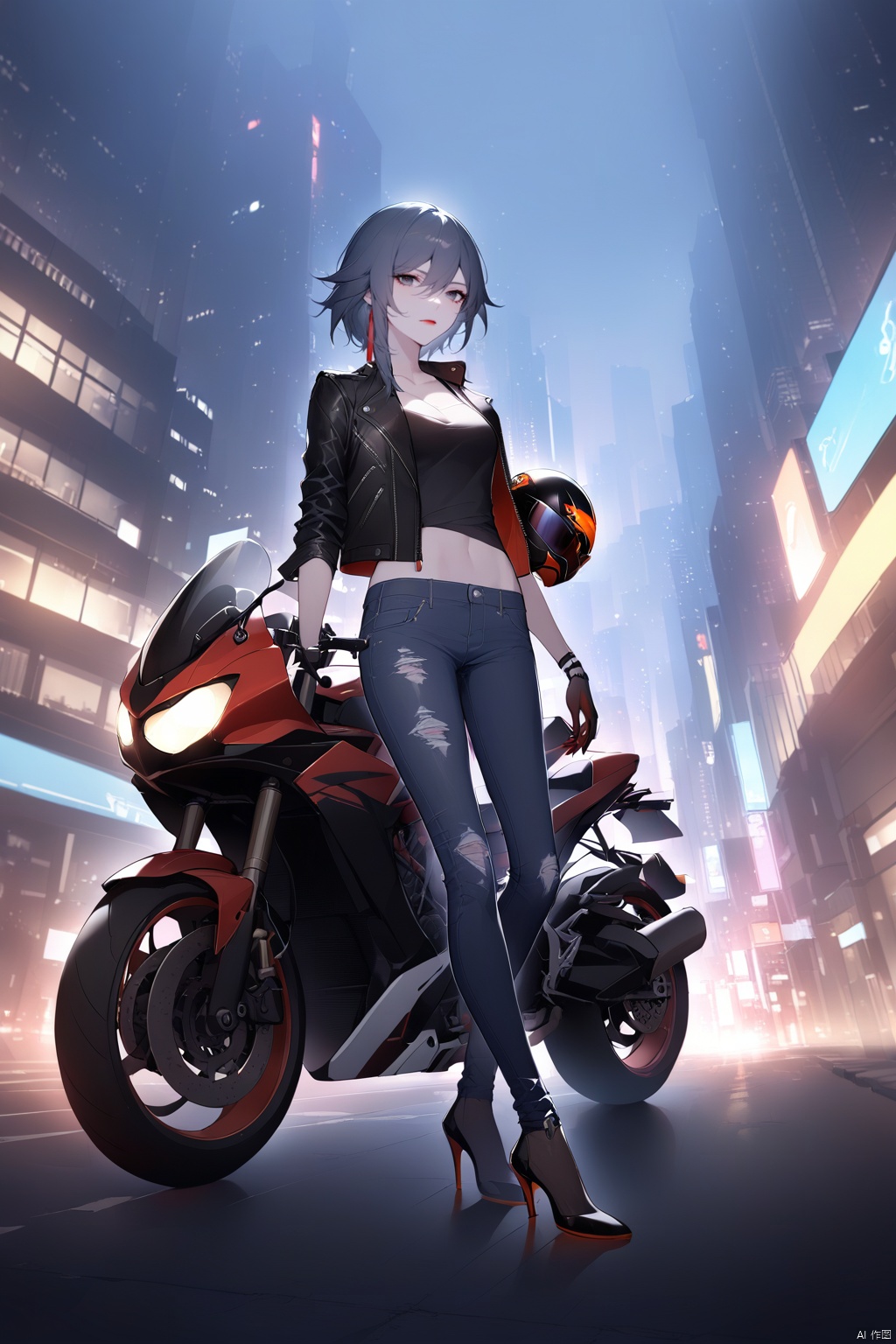  [[fu hua (phoenix)(honkai impact 3rd)]],nai3,1girl, solo, intense gaze, leather jacket, unzipped to reveal black **** top, short hair, tousled, smoky eyes, dark lipstick, tight jeans, high heels, leaning against a motorcycle, urban night setting, streetlights, holding helmet, confident pose, cityscape in the background.