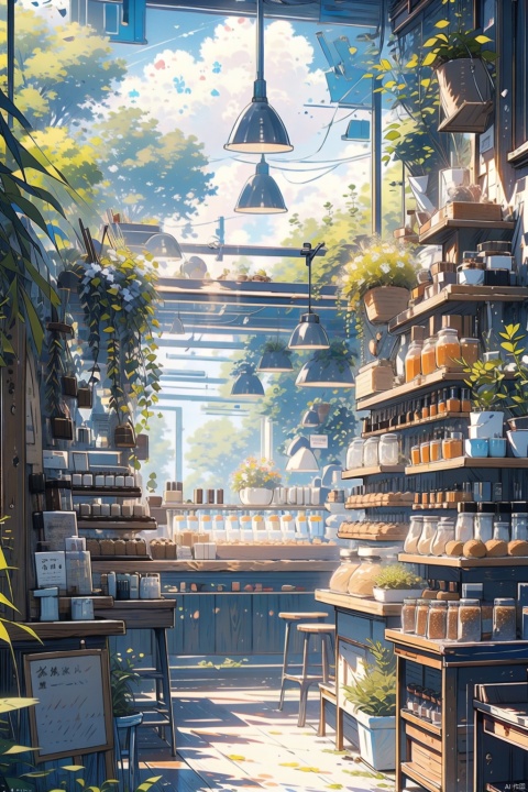 (masterpiece:1.2), best quality,PIXIV,cozy animation scenes,scenery, no humans, sky, plant, window, food, cloud, day, cup, shelf, tree, jar, table, bottle, sunlight, blue sky, indoors, potted plant, bread, plate, chair, shop, electric fan, 