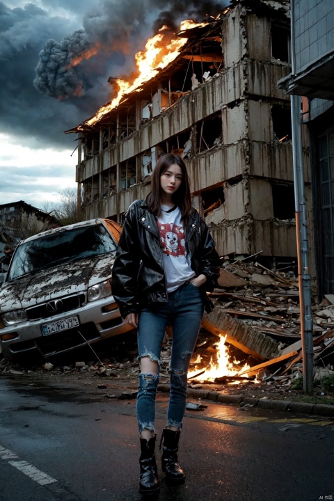  Gloomy image, 1 girl, not looking at the camera, jacket, jeans, boots, guitar, flames, gloomy atmosphere, destroyed buildings, gloomy sky, cruelty, smell of death,((poakl))