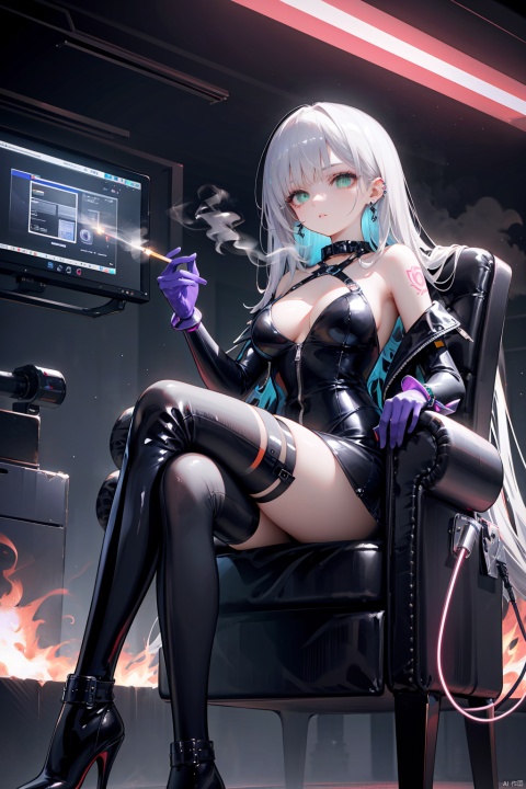 cyberpunk femme fatale, 1girl, seated on a sleek metallic throne-like chair in a neon-lit alleyway, cybernetic legs crossed seductively, wearing a skin-tight latex suit with glowing circuit patterns, thigh-high boots with stiletto heels, augmented arms revealing intricate machinery under the synthetic skin, violet-hued hair cascading over one shoulder, piercing green cyber-eyes framed by dramatic makeup, collar adorned with data-streaming jewels, holding a holographic cigarette holder, backlit by flickering holographic advertisements, steam vents and exposed wires adding to the atmosphere, low-light environment, urban decay juxtaposed with high-tech enhancements, sensual posture, confident demeanor, digital tattoos crawling up her neck, merging human sexuality with advanced cybernetics