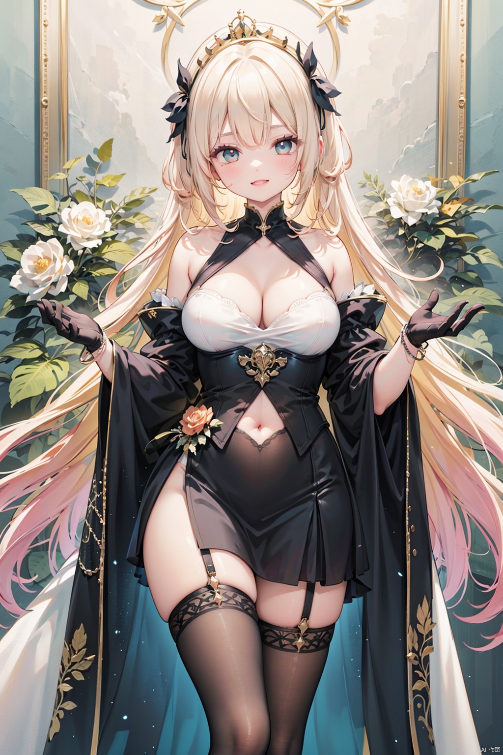 1girl, full-length portrait, standing in the opulent ballroom of a grand mansion with chandelering casting warm light upon her, embodying a seductive aristocratic lady from a bygone era, possessing porcelain skin that seems to glow under the soft illumination, large, doe-like eyes of an entrancing sapphire hue framed by long, curled lashes, and lips painted a deep scarlet that curve into a mischievous smile, wearing a scandalously revealing period dress crafted from layers of black lace overlaying a rich burgundy silk corset, which cinches at her slender waist before flaring out into a provocative high-low skirt, exposing her toned legs sheathed in sheer black stockings held up by an ornate garter belt adorned with rubies, her décolletage bared almost to the navel, shoulders draped with a flowing velvet cape clasped by a diamond brooch, elbow-length satin gloves adding a touch of elegance to her risqué ensemble, hair styled in elaborate ringlets cascading down her back, adorned with a tiara encrusted with precious gems, as she coyly raises a crystal champagne flute to her lips, exuding both regal grace and forbidden allure.