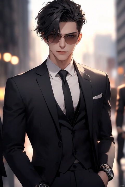handsome man, sharply dressed in a slim-fit charcoal gray suit, paired with a classic white dress shirt and a bold red silk tie, minimalist watch on wrist, Italian leather dress shoes, poised against a backdrop of a bustling metropolitan cityscape at sunset, modern skyscrapers reflected in mirrored sunglasses, slight smirk, unbuttoned jacket revealing a contrasting vest, windswept hairstyle