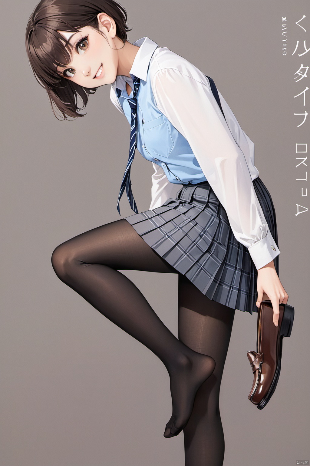  masterpiece,best quality,extremelydetailed,（（White background））,1girl, solo, looking at viewer, smile, short hair, bangs, skirt, simple background, brown hair, shirt, long sleeves, white background, holding, brown eyes, school uniform, standing, pantyhose, pleated skirt, parted lips, necktie, shoes, collared shirt, black footwear, grin, feet, from side, looking to the side, plaid, black pantyhose, plaid skirt, no shoes, leg up, standing on one leg, blue shirt, loafers, grey skirt, striped necktie, shoes removed, holding shoes