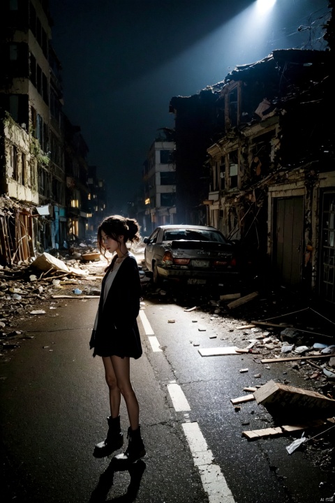Dark sky, Tyndall effect, a girl, standing alone, not looking into the camera, dramatic lighting, texture, dilapidated atmosphere, abandoned cars, rubble, dirt, debris, ruined city, side light, silhouette light, motion hairstyle