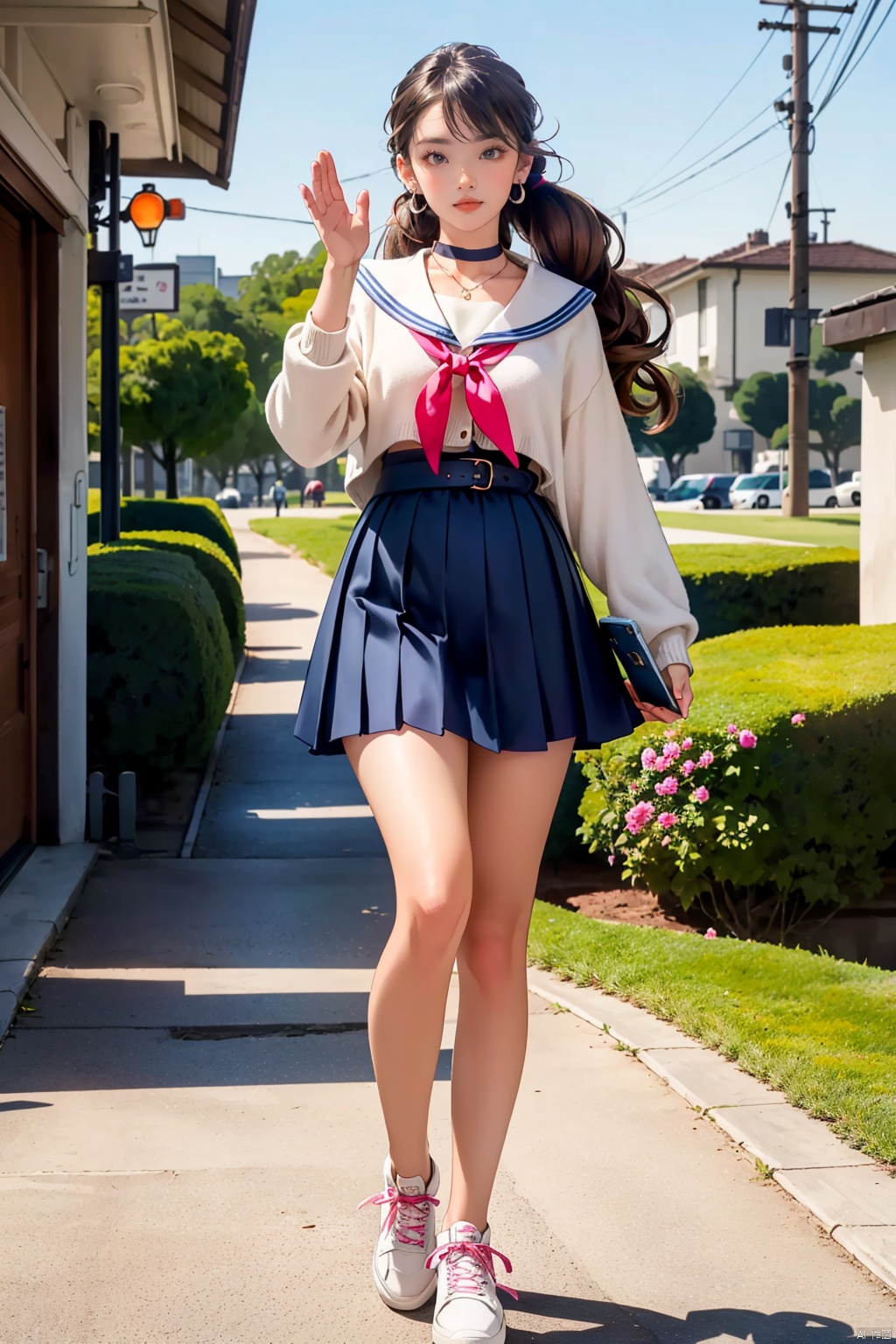 1girl, (sexy high school girl with a youthful and energetic vibe), ((full body)), (set against a backdrop of a bustling school corridor or vibrant cityscape outside the school gates), (wearing a form-fitting Japanese school uniform - a sailor-style blouse in crisp white with a deep blue or scarlet collar and matching pleated skirt that subtly emphasizes her curves while maintaining a playful innocence), (blouse neatly tucked into the skirt with a slender belt or ribbon around the waist), (stockings in contrasting colors or patterns, paired with cute Mary Jane shoes or fashionable sneakers), (shoulder-length hair styled in loose waves or twin-tails, featuring highlights or streaks to reflect her personal flair), (bright, expressive [hazel, brown, or sparkling] eyes framed by long lashes and bangs swept to the side), (accessorized with trendy earrings, a simple necklace or choker, and possibly a few colorful hairpins), (carrying a backpack slung over one shoulder, textbooks or a manga book peeking out from the top), (one hand holding a smartphone or waving to friends nearby), (posture exuding confidence and a hint of rebelliousness), (a slight breeze lifting the hem of her skirt and fluttering through her hair, capturing movement), (dressed for a mild season, wearing a lightweight cardigan or sweater tied around her shoulders, or a cropped jacket), (an air of cheerfulness and determination, representing the spirit of youth and academic life), (a soft blush on her cheeks and a warm smile on her lips).., ((poakl)), , (wide shot:0.95), (Dynamic pose:1.4),