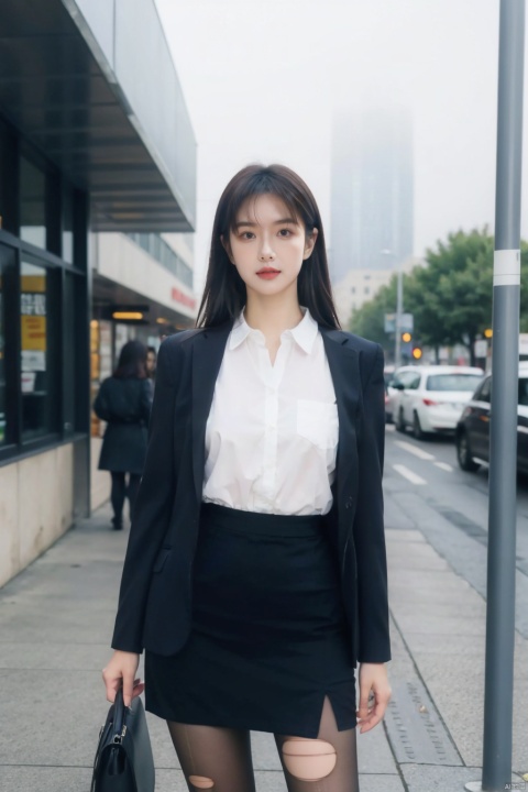 Cloudy day, foggy day, early morning, a woman, (real, photo :1.4), background is city street, suit, shirt, hip wrap skirt, pantyhose, outdoor, real world scene, confident pose, perfect hand, cowboy shooting,
, Fine art, professional-grade capture,Sony A7R IV mirrorless camera with a Zeiss 24-70mm f/2.8 zoom lens,high-resolution, ((poakl)), 1girl, torn pantyhose