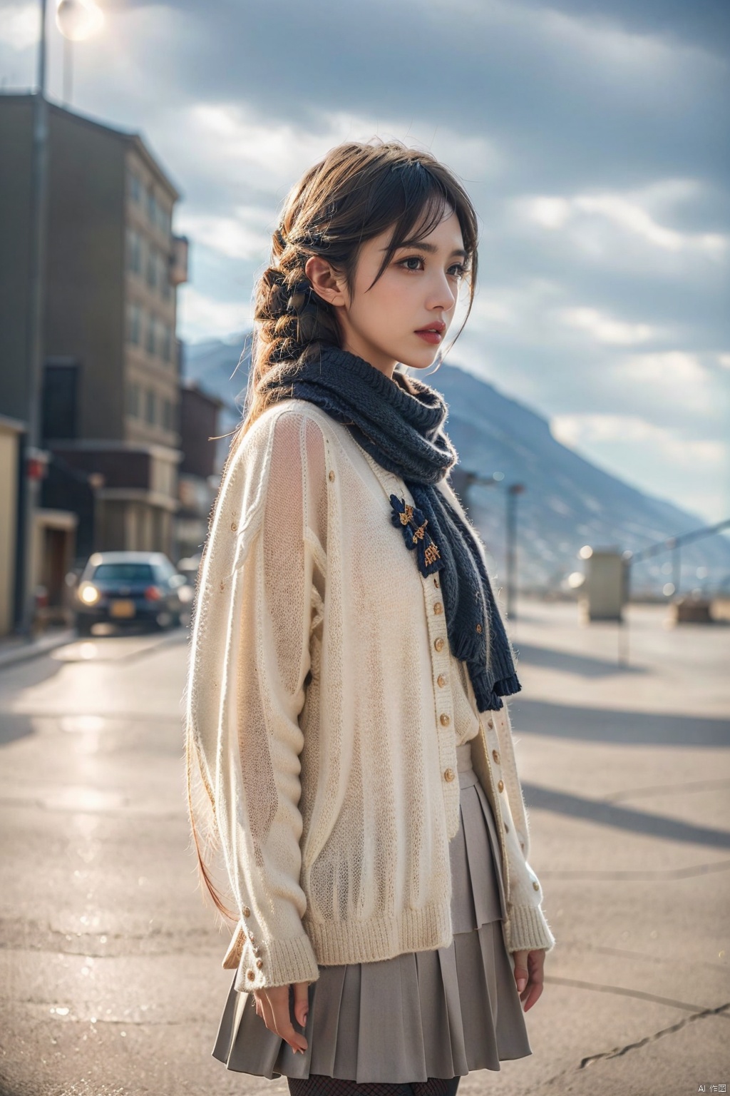 (8k, RAW Photo, Best Quality, Masterpiece: 1.2), (Realistic, Photo Realistic), Cinematic Composition, Cinematic Light, Dramatic Lighting, Depth of Field, Rim Light, Night.Dark sky, cumulonimbus clouds, outdoors, wilderness, (a woman wearing a sweater, scarf, pleated skirt, and pantyhose).Looking into the distance, profile, sideways, cowboy shot.Desolation, dark background, Tyndall effect