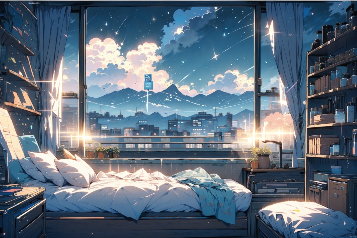(masterpiece:1.2), best quality,PIXIV,cozy animation scenes,scenery, night, window, no humans, sky, plant, night sky, pillow, cityscape, bed, star (sky), book, chair, cloud, bookshelf, city, lamp, building, indoors, potted plant, starry sky, city lights, curtains, copyright name, artist name, skyscraper, shelf, bedroom, watermark, border 