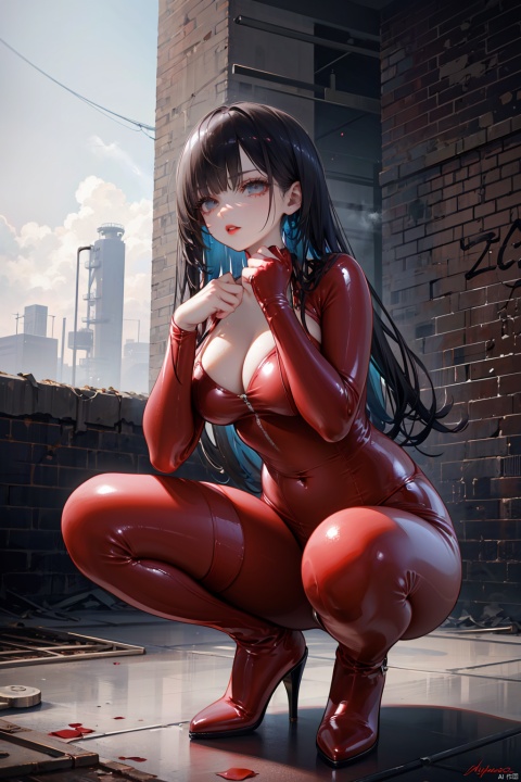 sultry contrast, 1girl, wearing a provocative red latex catsuit, knee-high boots with stiletto heels, curled up in a sultry squat pose amidst an abandoned industrial landscape, exposed midriff, tousled black hair cascading over her shoulders, bold red lipstick, graffiti-covered brick walls, rusted machinery in the background, holding a single red rose between her teeth, chiaroscuro lighting from broken windows, chain-link fence framing the scene, juxtaposing sensual femininity against gritty urban decay, hint of vulnerability amidst strength, striking pose that challenges societal expectations, steam rising from pipes, faded factory signs, weathered concrete floor, blending allure and edginess