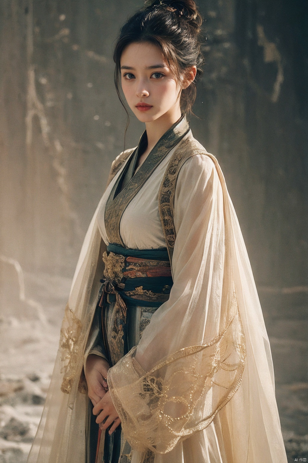 In a visually striking and evocative photograph inspired by the portraiture style of Annie Leibovitz, we find a young woman dressed in an elegant traditional Hanfu gown standing against a stark, solid-colored background. The subject is portrayed with poise and grace, her every movement captured in a timeless moment.

The intricately embroidered layers of silk in her dress ripple and flow around her form, showcasing the rich cultural heritage embedded within the fabric. Her hair is styled in an elaborate updo adorned with delicate ornaments that accentuate the fine lines and contours of her face. Her eyes are filled with a quiet confidence, hinting at both pride in her heritage and a contemporary connection to the ancient tradition.

Render this scene with (8K resolution, best quality: 1.4), (hyper-realistic textile rendering: 1.6), (meticulous attention to detail in costume design: 1.8), (subtle chiaroscuro lighting to sculpt her features: 2.0), (bold, high-contrast color palette for the background to emphasize the figure: 1.5), (precise focus on the interplay between light and shadow on the garment's texture: 1.7), (expression capturing the essence of cultural fusion and timelessness: 1.9), (cinematic composition that balances simplicity with depth: 1.3)., ((poakl))