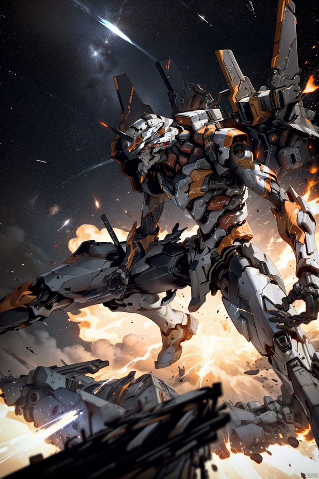  ,Combat attitude,Explosion effect,Sparks flew everywhere,Flame rise,Knife with one hand, gun with one hand,Flying in space,Giant planet behind,Black and white metal style, mecha_robot, Superperspective, Space, evangelion mecha