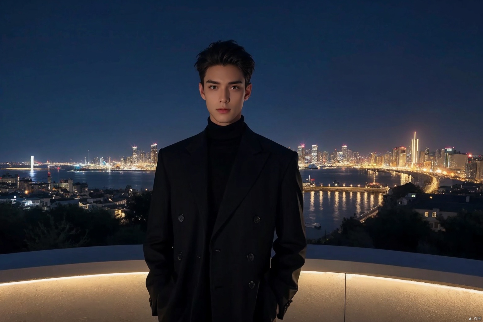 broad vista nocturnal spectacle, ultra-wide-angle panoramic masterpiece, a fashion-savvy male model is captured in his entirety against the expansive backdrop of a bustling city skyline at night, positioned dramatically on a rooftop terrace, clad in an avant-garde ensemble that reflects the pulse of contemporary urban culture, WRSTUV_wide_horizon_nightlife, high-resolution panoramic image, exploiting the exaggerated perspective of a wide-angle lens to merge the subject seamlessly with the surrounding environment, deftly managing the complex interplay of neon lights, deep shadows, and moonlit hues, achieving a stunning visual narrative that showcases the symbiosis between a stylish modern man and the vibrant tapestry of the nocturnal cityscape,((poakl)), monkren,(((from below)))