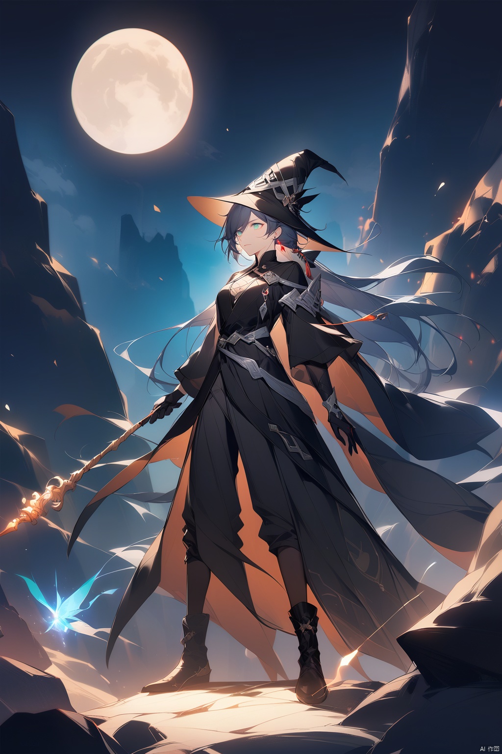  [[fu hua (phoenix)(honkai impact 3rd)]],nai3,1girl,solo,blue eyes
{artist:ask(askzy)}, 
1boy, wizard outfit, holding wand, intense gaze, green eyes, black robe with silver trim, pointed hat, standing on rocky outcropping, dramatic lighting, full moon backdrop, glowing magic effects, detailed gloves, leather boots, aged parchment scroll in the other hand, textured fabric, facial hair, staff with intricate carvings, fantasy setting