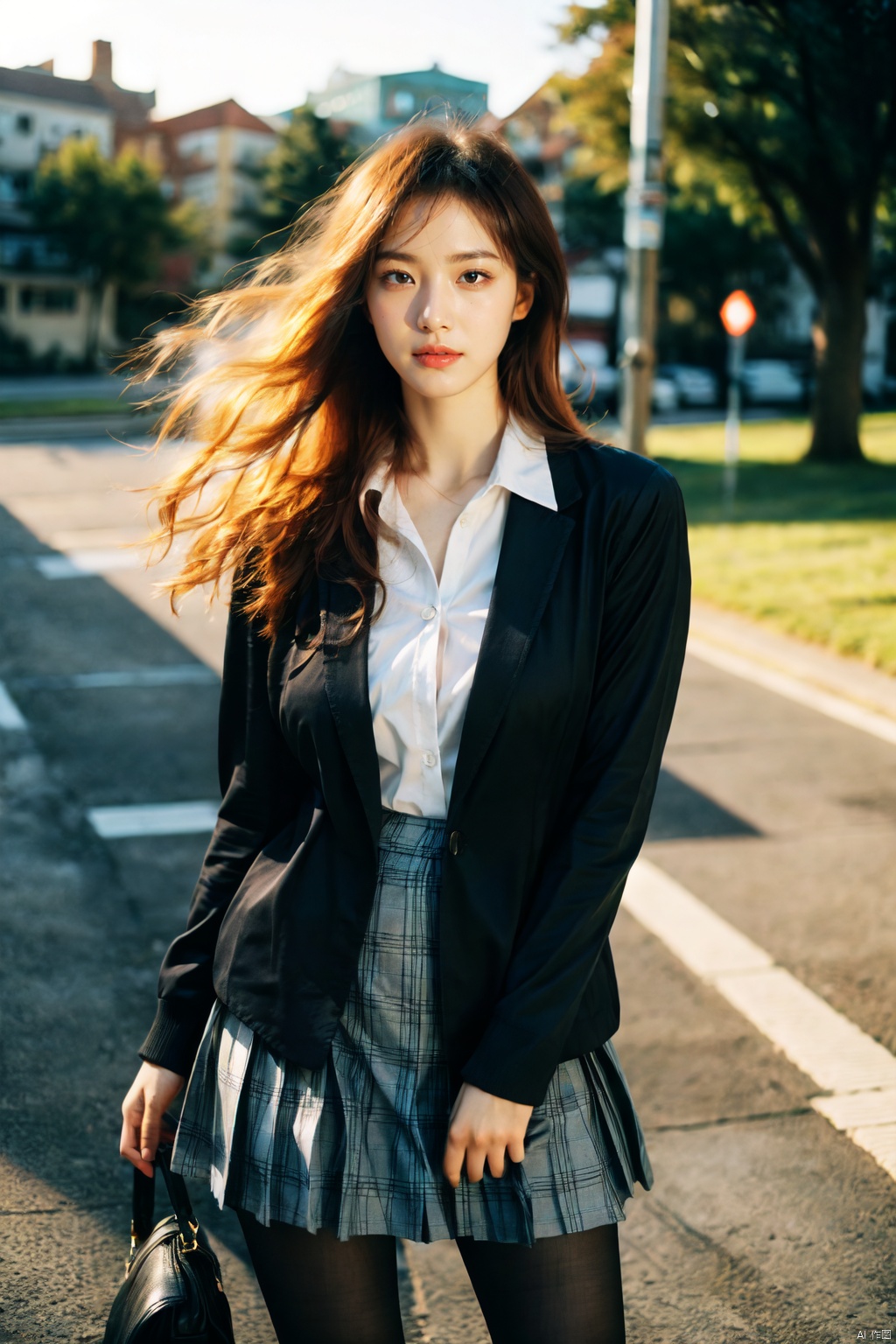  Best quality,masterpiece,ultra high res,raw photo,detail face,detailed skin, (realistic, photo- realistic:1.3),dramatic lighting,light on face,Seaside, 1girl,solo,full body,Wrist watch,One hand in pocket,Dynamic pose ,Standing,fluffy long hair,Navy Hair,outdoors,looking at viewer,smile,bangs, ature female, narrow waist, skinny,open clothes, black pantyhose,black jacket,school uniform,short sleeves,collared shirt,pleated skirt,black skirt,miniskirt,plaid skirt,blazer,cardigan,plaid,necktie, high school, sunset,nature light,lens flare,wind,(small breast:1.2),(open clothes:1.6), ((poakl))