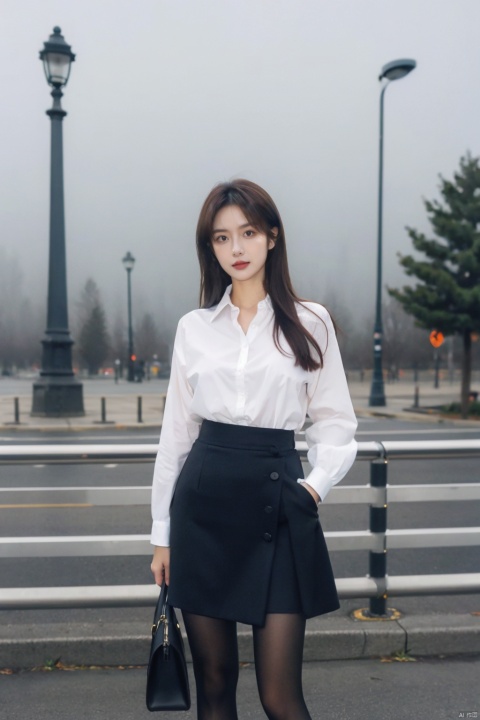 Cloudy day, foggy day, early morning, a woman, (real, photo :1.4), background is city street, suit, shirt, hip wrap skirt, pantyhose, outdoor, real world scene, confident pose, perfect hand, cowboy shooting,
, Fine art, professional-grade capture,Sony A7R IV mirrorless camera with a Zeiss 24-70mm f/2.8 zoom lens,high-resolution, ((poakl)), 1girl, torn pantyhose