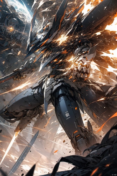  ,Combat attitude,Explosion effect,Sparks flew everywhere,Flame rise,Knife with one hand, gun with one hand,Flying in space,Giant planet behind,Black and white metal style,mecha_robot,Superperspective,星球, , mecha