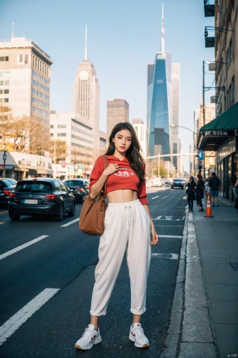  (8k,RAW photo,best quality,masterpiece:1.2),(realistic,photo-realistic),((poakl)),1girl, streetwear, dynamic poses, shark pants, oversized hoodie, sneakers, standing on a city street corner, bustling city traffic, neon lights, afternoon sun shining through buildings, wind tousled hair, earplugs, holding iced coffee, Crossbody bag, confident stance, blend into the vibrant cityscape, handsome, shirt_lift