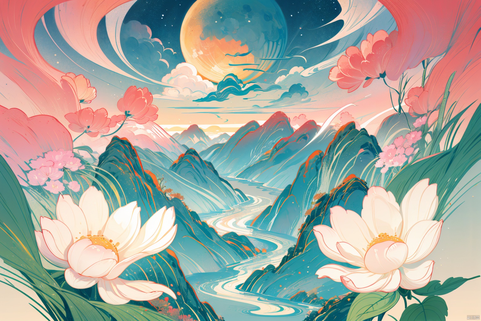 Masterpiece, Best Quality, High Resolution, Incredibly Ridiculous, Absurd, Very High Resolution, Detailed Beautiful Scenes, Landscapes, Landscapes, Ultra HD Wallpapers, Overall Color Tone Red, (Foreground Lucky Clouds), Flowing Clouds, Sun, flowers, mountains, pagodas, peonies, roses, sun,