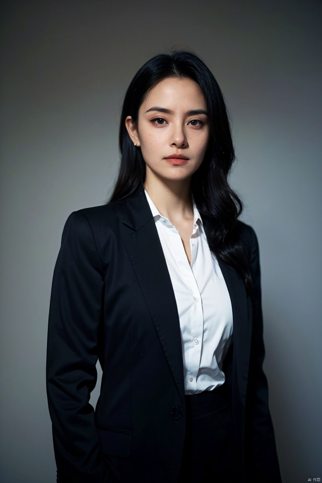  In a compelling and powerful portrait echoing the iconic style of Annie Leibovitz, we find a young professional woman standing against an unassuming monochromatic backdrop. She is captured in her element, exuding confidence and ambition in her tailored business attire—a crisp white shirt beneath a sleek black blazer, accessorized with understated yet elegant jewelry.

Her gaze is fixed beyond the frame, communicating both focus and determination, while her stance is poised and assertive, embodying the spirit of modern-day achievement. The photograph emphasizes the texture and clean lines of her attire, juxtaposed against the simplicity of the background to draw attention to her presence and character.

Render this image with (8K resolution, best quality: 1.5), (crisp detail on clothing textures: 1.7), (sharp focus on facial expression: 1.9), (subtle, directional lighting to highlight contours: 2.0), (monochromatic background for maximum subject contrast: 1.3), (precise composition that underscores professionalism and femininity: 1.6), (cinematic color grading that enhances mood without distraction: 1.8), (gestural nuances that convey strength and poise)., ((poakl))