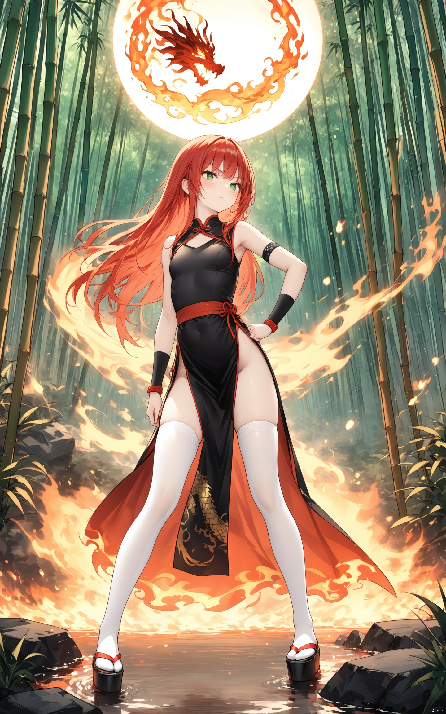 (Masterpiece), (Best Quality), Illustration, Super Detailed, hdr, Depth of Field, (Color), (White Stockings),1 character, resembling Kanzuki-style female fighter, full body, dressed in a provocative crimson and black qipao-inspired outfit reminiscent of the character 'Mai Shiranui', tight-fitting and slit up to the thigh, revealing athletic legs, accessorized with golden dragon ornaments along the edges and a flowing sash that doubles as a weapon, long fiery red hair styled in dynamic waves framing her face and extending past her hips, striking green eyes filled with intensity, wearing traditional Japanese geta sandals, poised in a ready stance, hands ignited with flames, ready to unleash a fireball attack, mid-battle expression, muscular build with toned abs, wearing a protective wristband on each arm, set against a backdrop of moonlit bamboo forest."