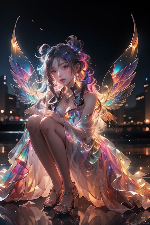  ((best quality)),((masterpiece)), 20-year-old girl, knee shot, hair fluttering, (long hair),jewelry, twintails, hair bun, 

chromatic dispersion, glowing colors, 
(metallic_lustre:1.3), (transparent_plastic:1.1), coloured glaze, Polychromatic prism effect, rainbowcore, iridescence/opalescence, see_through, aluminum foil, glowing ambianc, 
night sky city background, neon, star, standard-breast, ,liuli2,tifa
