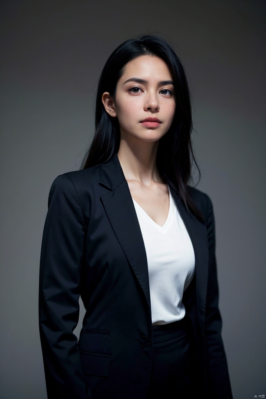 In a compelling and powerful portrait echoing the iconic style of Annie Leibovitz, we find a young professional woman standing against an unassuming monochromatic backdrop. She is captured in her element, exuding confidence and ambition in her tailored business attire—a crisp white shirt beneath a sleek black blazer, accessorized with understated yet elegant jewelry.

Her gaze is fixed beyond the frame, communicating both focus and determination, while her stance is poised and assertive, embodying the spirit of modern-day achievement. The photograph emphasizes the texture and clean lines of her attire, juxtaposed against the simplicity of the background to draw attention to her presence and character.

Render this image with (8K resolution, best quality: 1.5), (crisp detail on clothing textures: 1.7), (sharp focus on facial expression: 1.9), (subtle, directional lighting to highlight contours: 2.0), (monochromatic background for maximum subject contrast: 1.3), (precise composition that underscores professionalism and femininity: 1.6), (cinematic color grading that enhances mood without distraction: 1.8), (gestural nuances that convey strength and poise)., ((poakl))