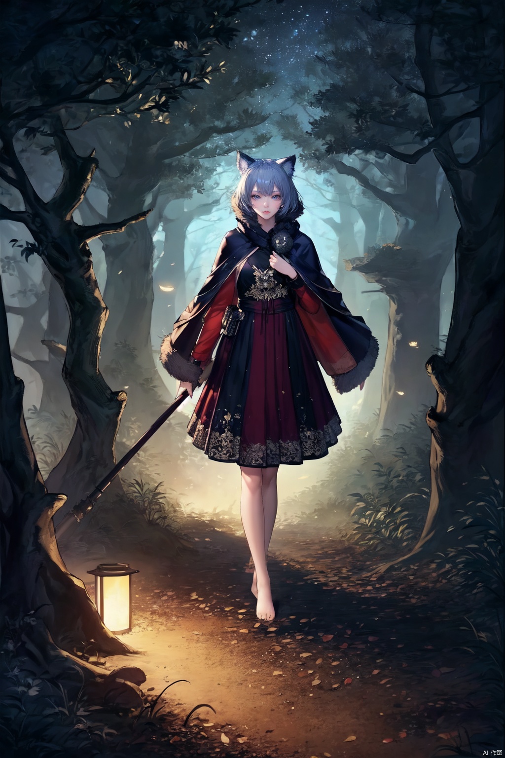  (8k, imaginative fantasy style, mystical quality), intricate detailing, (ethereal skin with subtle wolf-like features and luminescent eyes), 1wolf maiden, full-body transformation scene, wearing a shredded, leaf-patterned tunic revealing a blend of human and lupine traits, barefoot with claw-tipped toes, (transitional fur: blending from human to wolf, gradient effect), standing in the midst of a twisted, enchanted forest at midnight, crescent moon above casting an eerie glow, gnarled trees with glowing mushrooms, mist shrouding the foreground, ((poakl)), azur lane