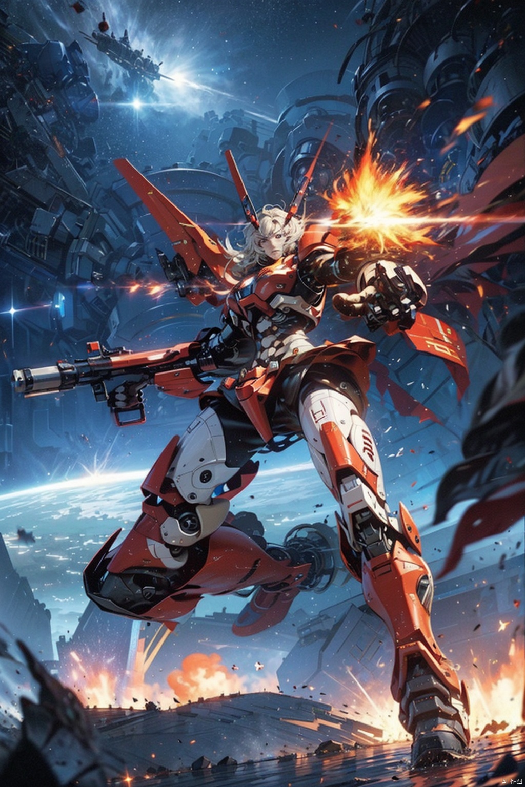  ,Combat attitude,Explosion effect,Sparks flew everywhere,Flame rise,Flying in space,Giant planet behind,mecha_robot,Superperspective, ,,,, machinery