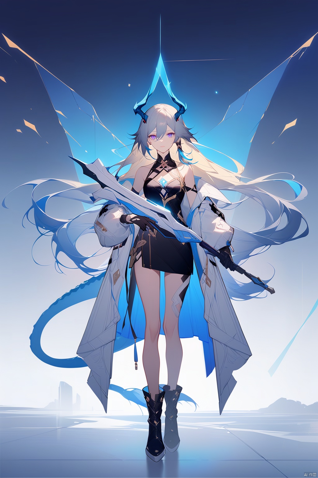  [[fu hua (phoenix)(honkai impact 3rd)]],nai3,1girl,solo,blue eyes
{artist:ask(askzy)}, 
1girl, solo, long hair, looking at viewer, blonde hair, gloves, long sleeves, dress, holding, bare shoulders, very long hair, closed mouth, blue hair, standing, purple eyes, jacket, tail, full body, weapon, grey hair, multicolored hair, boots, open clothes, horns, off shoulder, black footwear, holding weapon, strapless, white jacket, dragon horns, dragon girl, dragon tail, antlers
