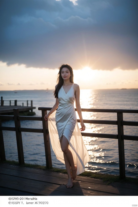 A teenage girl, poised on the edge of a weathered wooden pier, dressed in a flowing white dress that billows gently in the coastal breeze. The late afternoon sunlight bathes her form in a golden glow, casting long shadows behind her as she looks out towards the vast expanse of the ocean. Annie Leibovitz captures the fleeting moment of adolescence with masterful use of natural light and contrast, emphasizing the delicate balance between vulnerability and strength. The image is shot from a low angle to convey a sense of empowerment and aspiration, while also showcasing the intricate lacework of the dress against the textured planks beneath her feet. Her hair streams freely, mirroring the fluidity of the waves beyond. (Annie Leibovitz's iconic portrait style: 1.7), (high-resolution: 5K), (cinematic lighting: 1.4), (fine art composition: 1.5), (emotionally evocative: 1.3), (youthful contemplation: 1.2), , 1girl, Detail