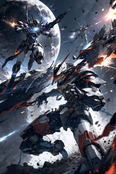  ,Combat attitude,Explosion effect,Sparks flew everywhere,Flame rise,Knife with one hand, gun with one hand,Flying in space,Giant planet behind,Black and white metal style, mecha_robot, Superperspective, Space