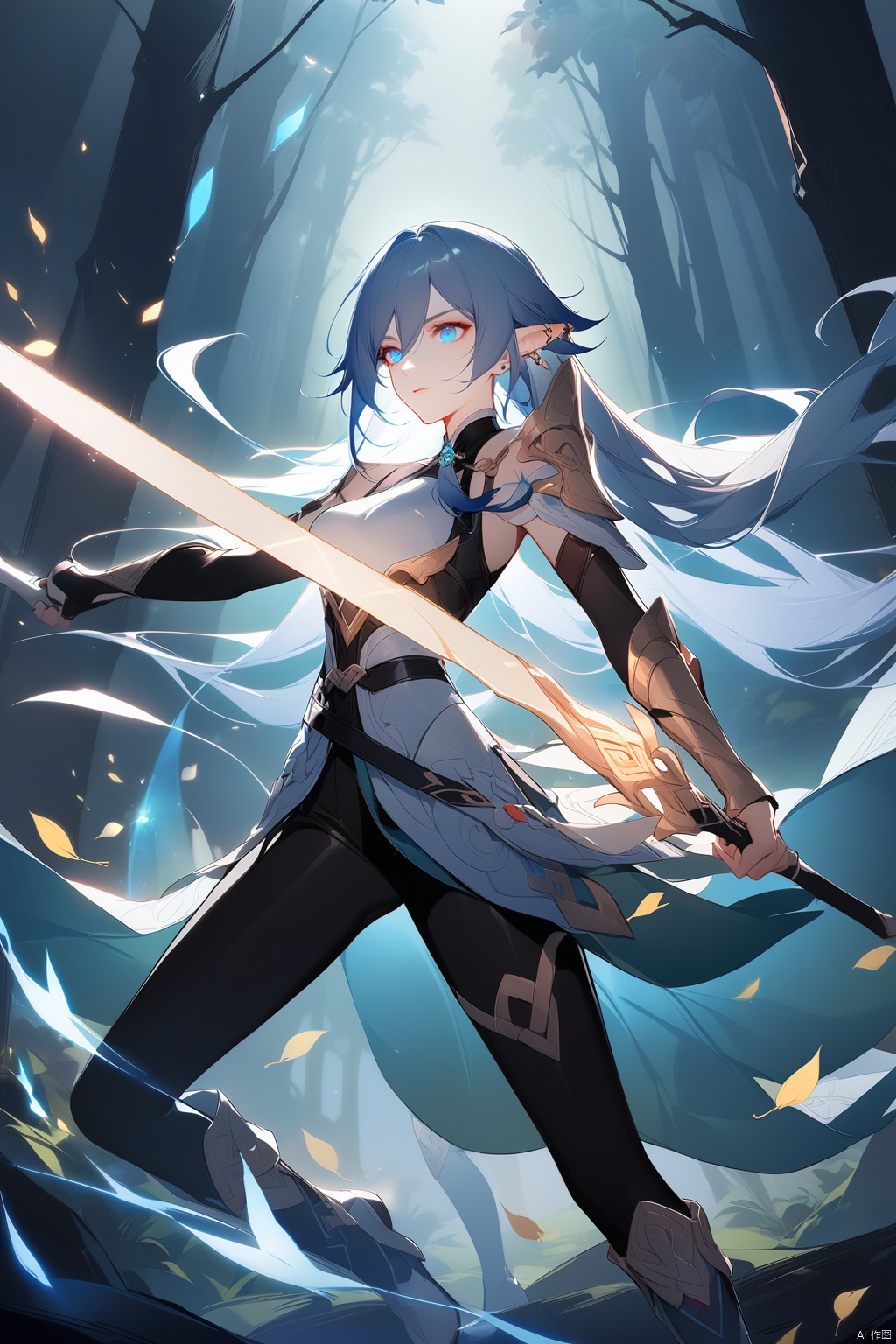  [[fu hua (phoenix)(honkai impact 3rd)]],nai3,1girl,solo,blue eyes
{artist:ask(askzy)}, 
1elf, female, warrior stance, elegant armor, flowing silver hair, piercing blue eyes, elven ears, intricate leaf-designed breastplate, wielding a glowing sword, forest environment, moonlight filtering through trees, bow and quiver on back, leather bracers, form-fitting leggings, ethereal glow, detailed boots with Celtic motifs, strong yet feminine facial features, dynamic pose, magical aura