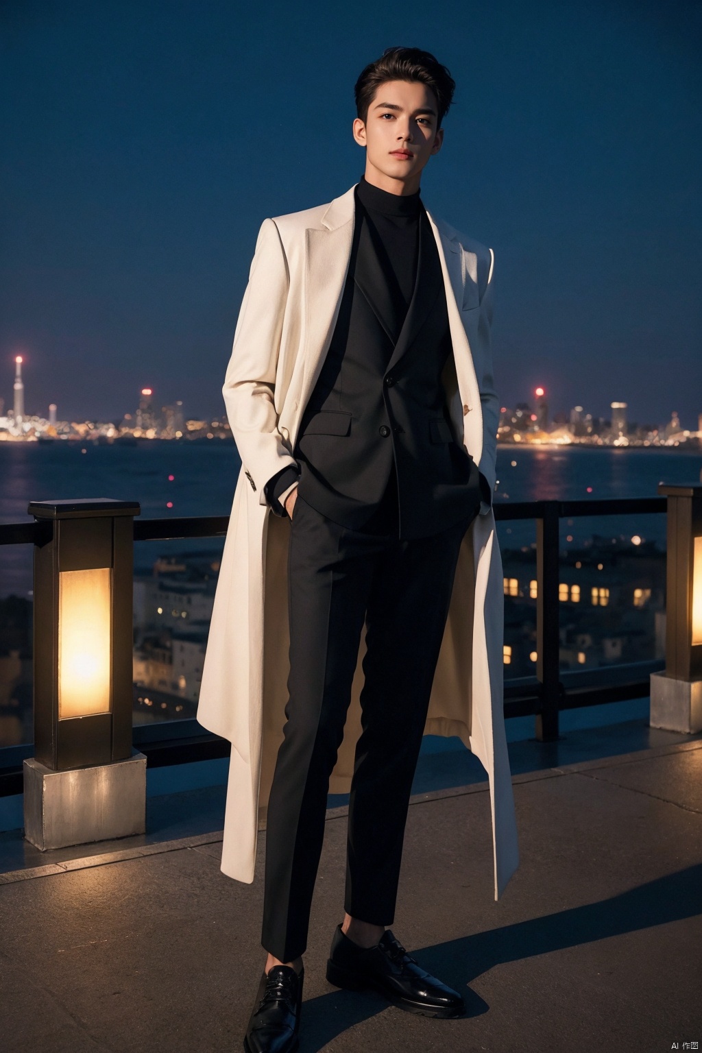 nighttime rooftop couture, 35mm panoramic snapshot, fashion-forward male model standing tall on a dimly lit rooftop under the starry night sky, full-length composition exuding urban sophistication, dressed in a statement ensemble from the latest menswear collections, posing confidently against the glittering skyline backdrop, leveraging the ambient city glow and moonlight to enhance the visual impact of the outfit, ACDEFZ_rooftop_elegance, high-resolution imagery, adept use of long exposure to capture the vibrancy of the city below while retaining crisp focus on the subject, creating a captivating narrative that merges the nocturnal allure of the urban landscape with the cutting-edge style of a modern man,((poakl)), monkren