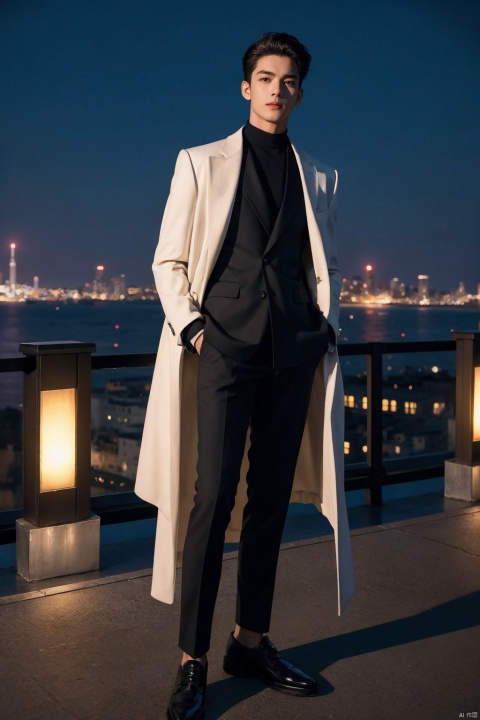 nighttime rooftop couture, 35mm panoramic snapshot, fashion-forward male model standing tall on a dimly lit rooftop under the starry night sky, full-length composition exuding urban sophistication, dressed in a statement ensemble from the latest menswear collections, posing confidently against the glittering skyline backdrop, leveraging the ambient city glow and moonlight to enhance the visual impact of the outfit, ACDEFZ_rooftop_elegance, high-resolution imagery, adept use of long exposure to capture the vibrancy of the city below while retaining crisp focus on the subject, creating a captivating narrative that merges the nocturnal allure of the urban landscape with the cutting-edge style of a modern man,((poakl)), monkren