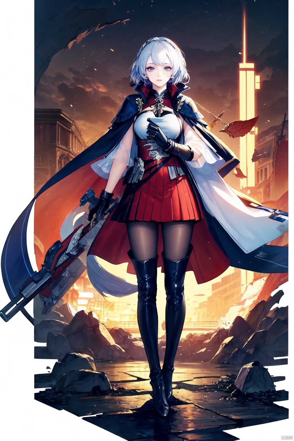 (gacha masterpiece), ((legendary character)), (high-resolution), anime-inspired illustration, original, highly stylized, intricate design . ooo, 1character, solo, full body, set against a lush fantasy world with floating islands and elemental magic, protagonist bearing resemblance to Genshin Impact aesthetics, long flowing silver hair tied in an elegant ponytail, piercing blue-violet eyes reflecting the cosmos, youthful yet determined expression, wearing a regal azure and gold-trimmed battle attire, adorned with celestial motifs and shimmering gemstones, armored pauldrons, gauntlets and greaves intricately etched with arcane patterns, wielding a dual-elemental sword that channels both water and lightning energies, sheathed at their hip, equipped with a magical artifact bracelet on one wrist, knee-high boots blending seamlessly into form-fitting leggings, standing poised with a light breeze billowing their cape, ready to embark on a grand adventure, exuding a blend of grace and power., ((poakl)), azur lane