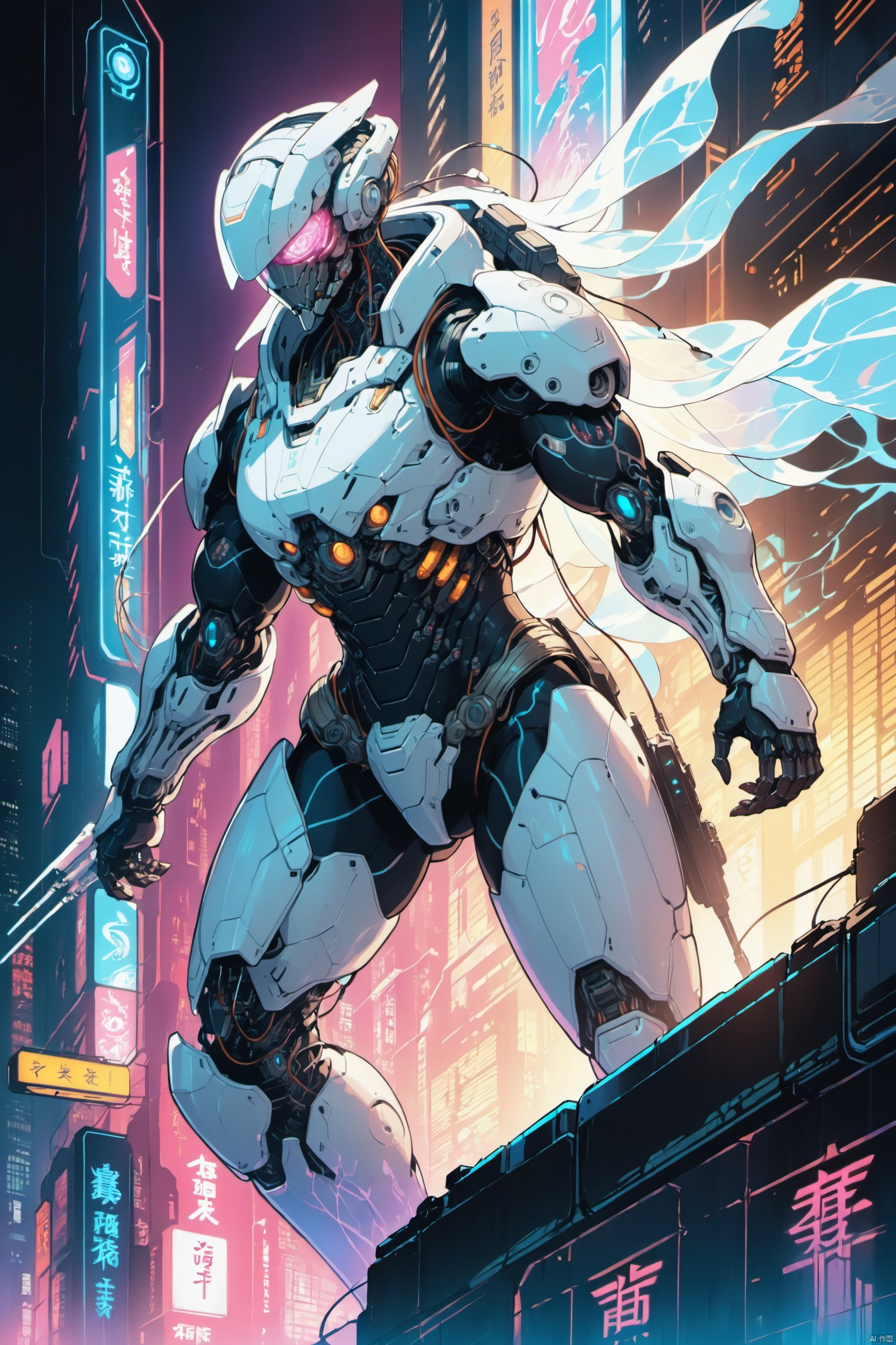 1cyborg character reminiscent of Ghost in the Shell, full-body visual, seamless integration of organic and mechanical components, highly advanced prosthetic limbs showcasing versatility and strength, translucent synthetic skin revealing intricate wiring and micro-machinery, glowing optic nerve interfaces connecting to a neural implant, tactical body armor embedded with adaptable camouflage technology, retractable tactical blades concealed within the anatomy, augmented sensory enhancements like thermographic vision, sleek and streamlined design, balancing both human and machine aesthetics, set against a futuristic metropolis backdrop illuminated by neon lights and holographic advertisements, representing the blurred lines between humanity and technology in a cyberpunk universe,((anime art style)), ((poakl)), eastern mythology
