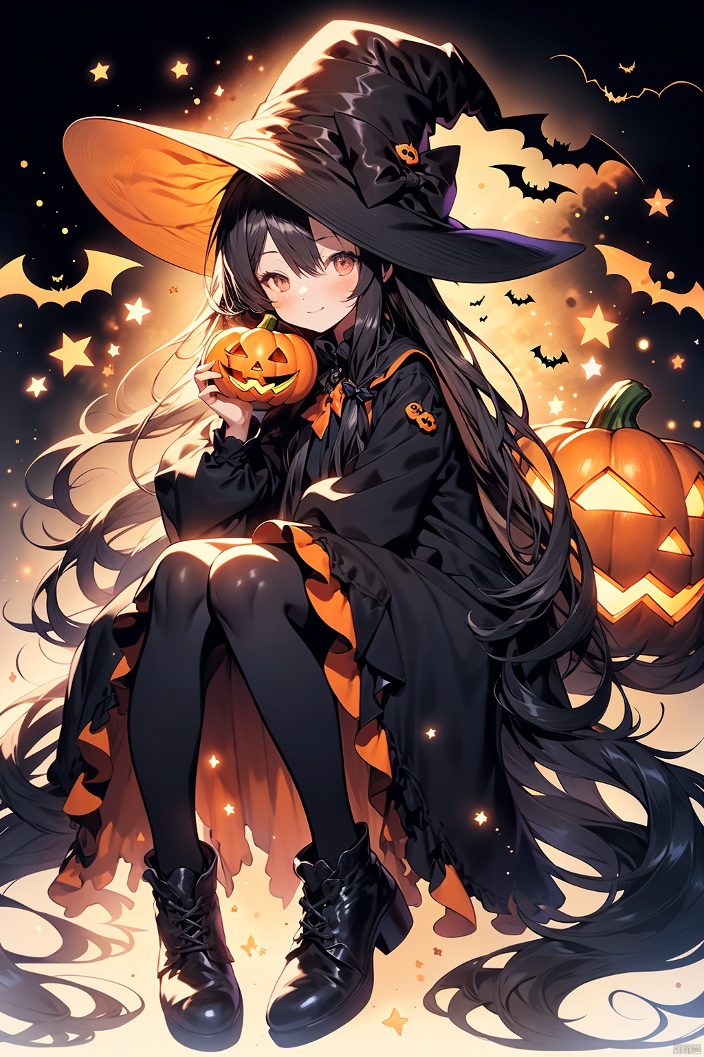  WANSHENG, 1girl, solo, long hair, hat, dress, bow, halloween, long sleeves, looking at viewer, bat \(animal\), pantyhose, wings, black dress, black headwear, holding, jack-o'-lantern, blush, black footwear, bangs, sitting, puffy sleeves, very long hair, mini hat, hair between eyes, brown eyes, closed mouth, food, red bow, black bow, full body, top hat, candy, star \(symbol\), black pantyhose